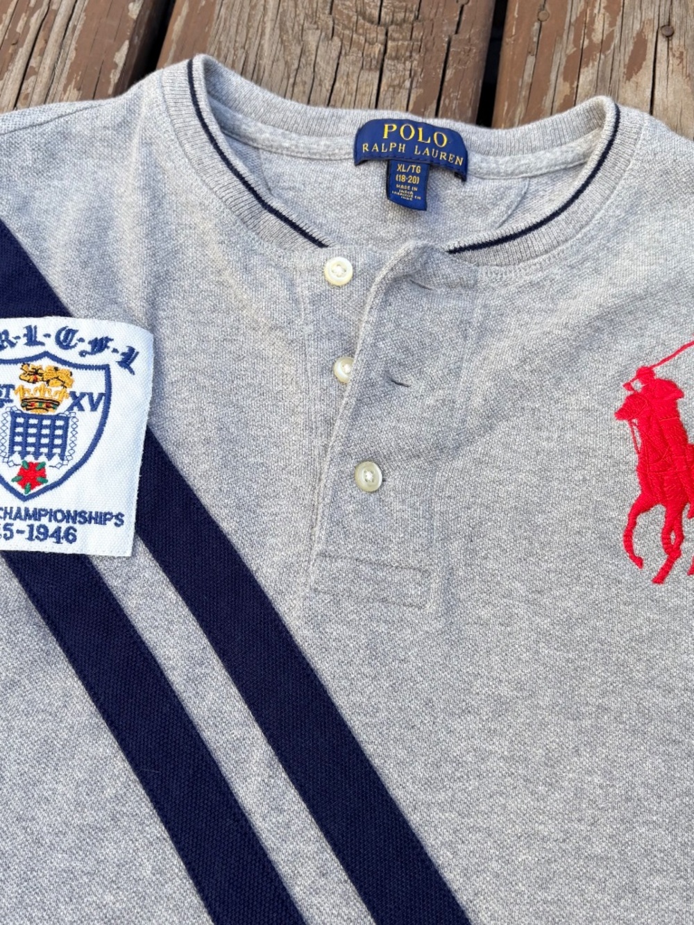 Polo Ralph Lauren Henley Shirt – Grey w/ Big Pony & Stripes (Boys XL / Unisex S) - Picture 5 of 7